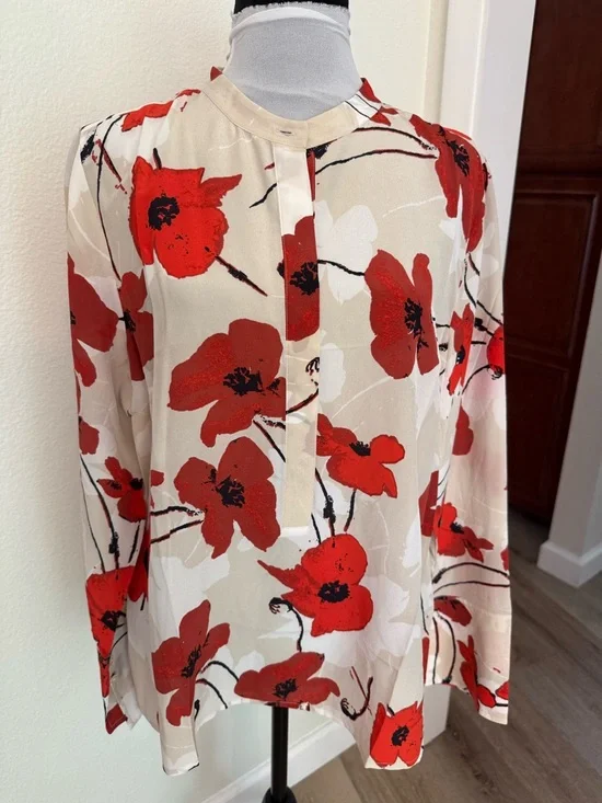J. Crew Cream Silk Top with Red Poppy & Black Accents NWT - Picture 1 of 9